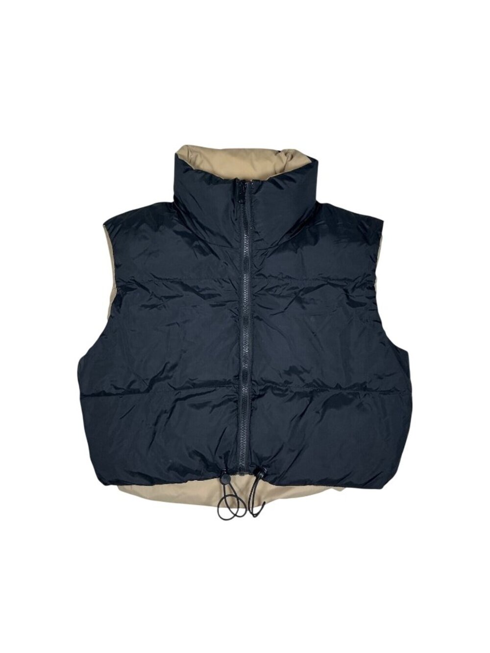 Women’s Reversible Cropped Puffer Vest | Black & Beige | Lightweight | Size S